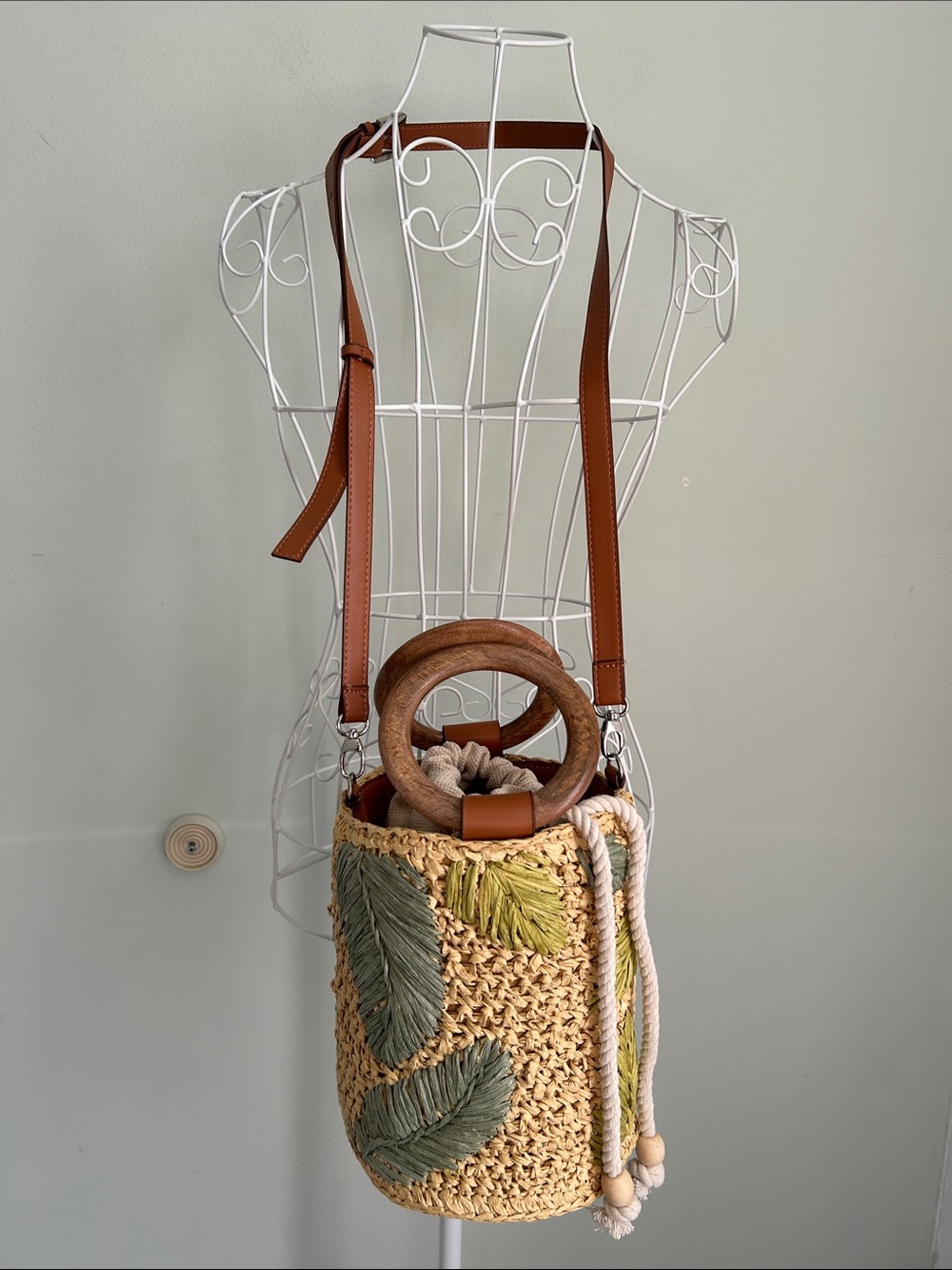 Soft Surroundings Woven Straw Mini Bucket Bag in Tan, Green & Cream